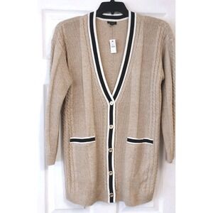 NWT Talbots Women's Chunky Cable Knit Button Front Beige Cardigan Sweater Size L